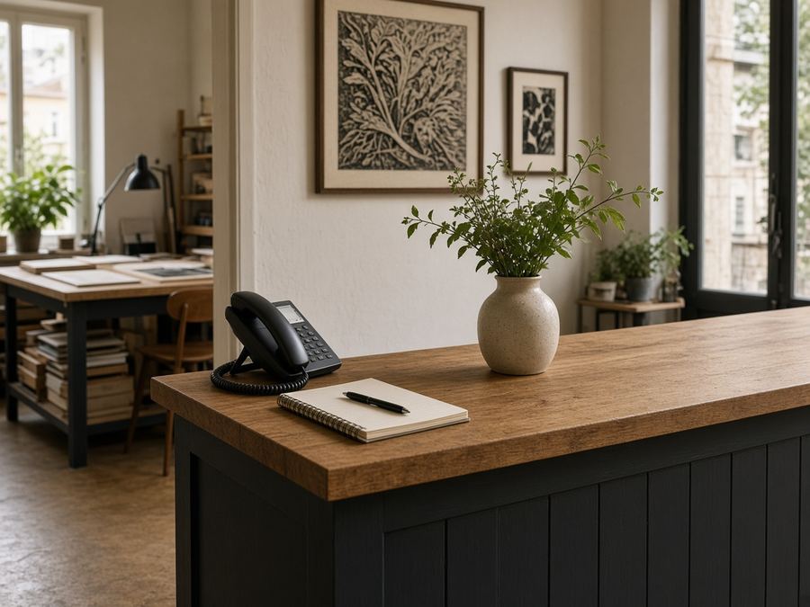 Contact desk at Bad Comes Studio in Graz