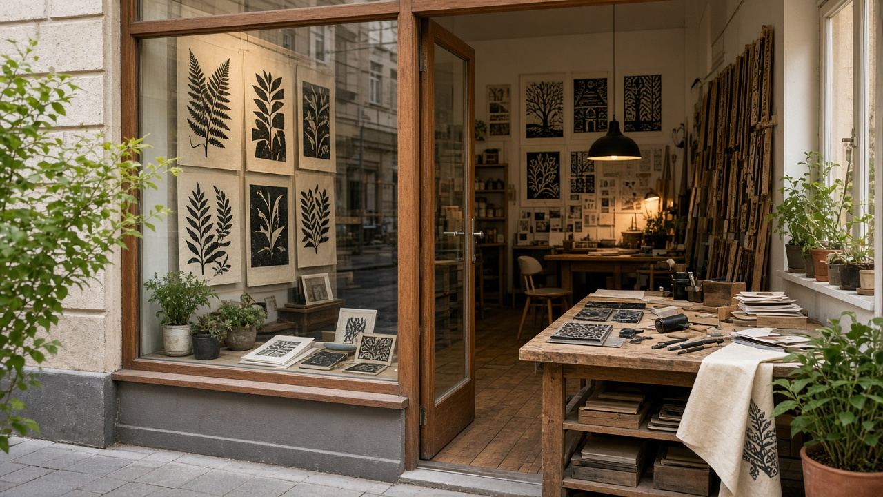 Printmaking / linocut studio workspace at Bad Comes Studio